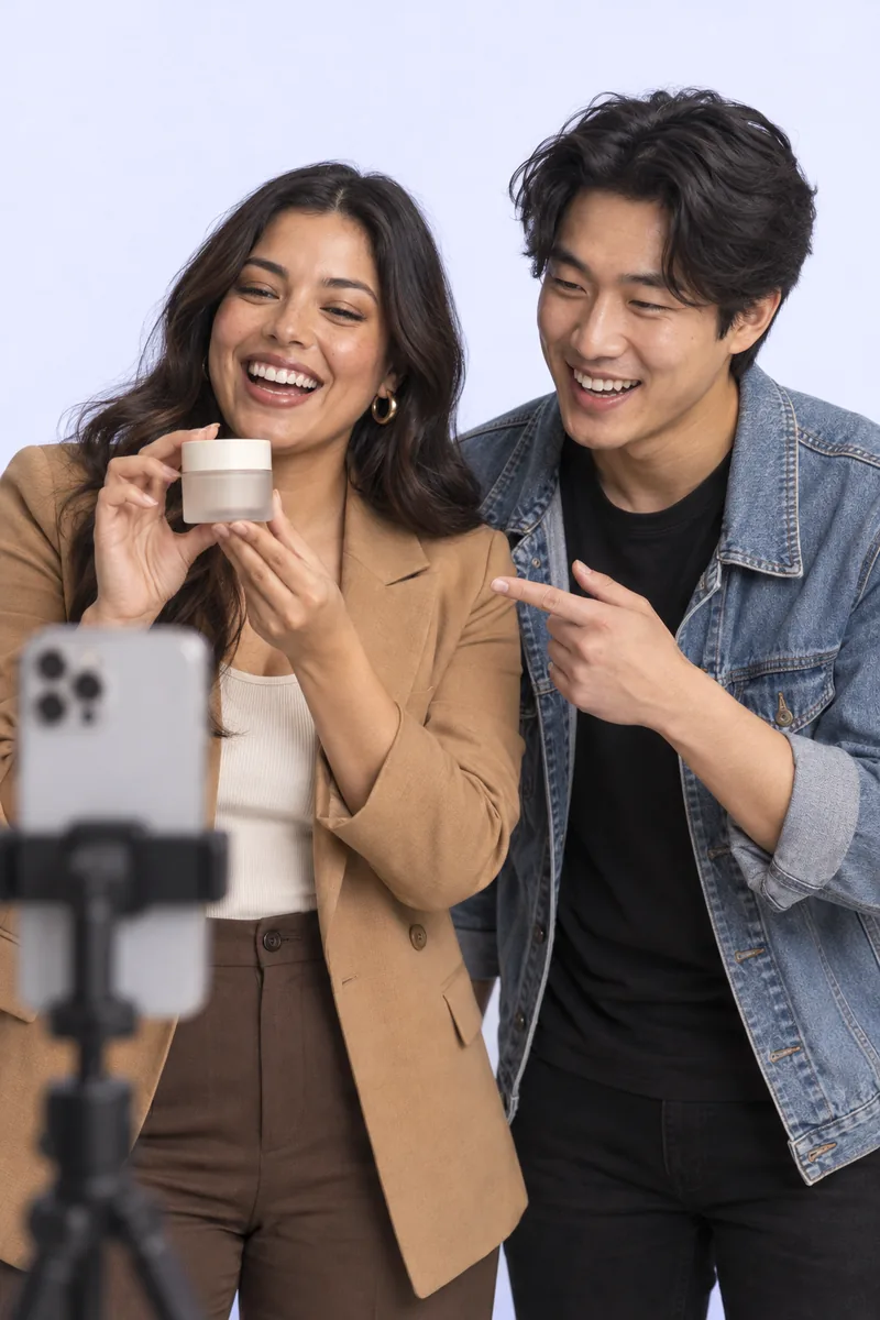 Two creators filming a product review on a phone