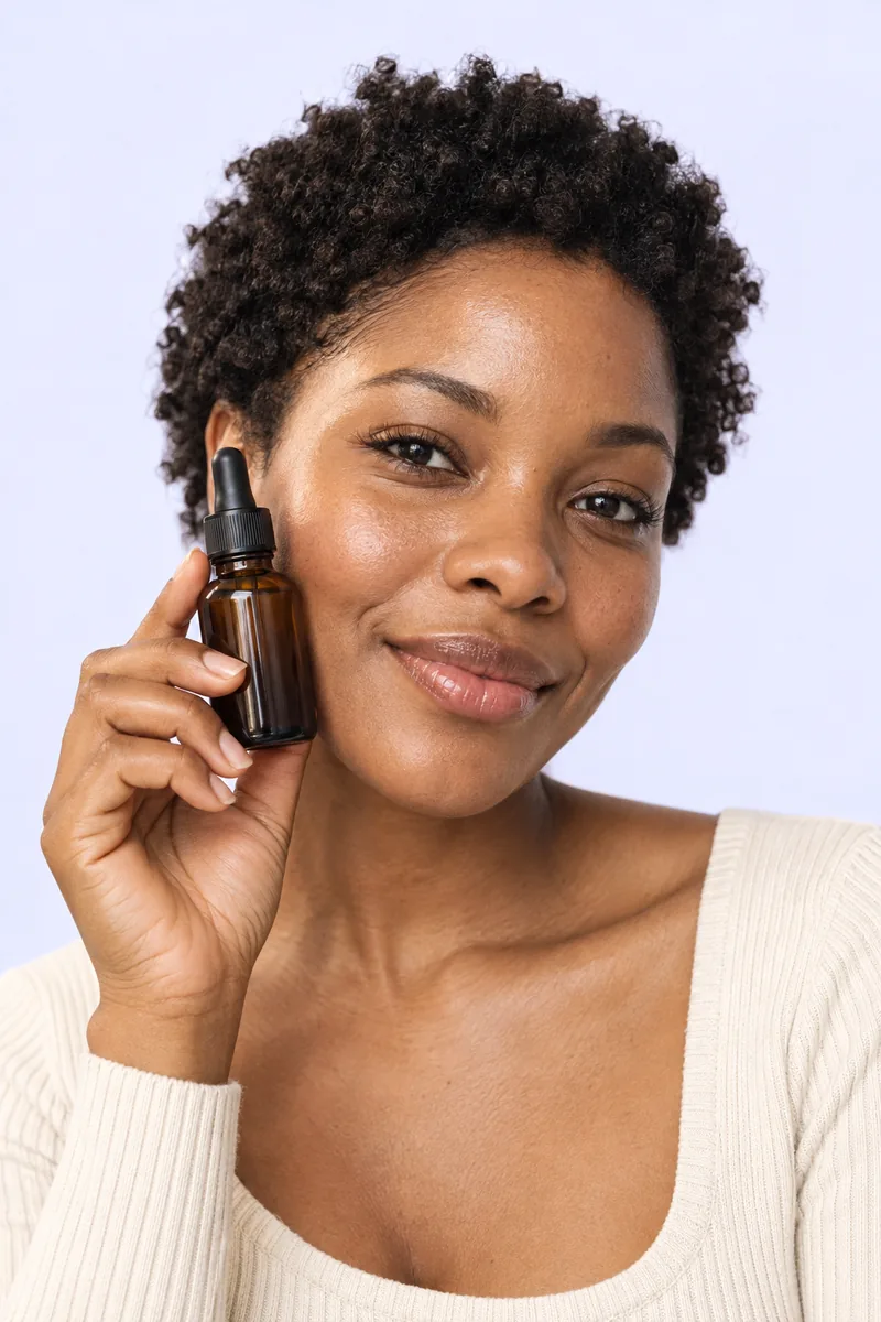A creator holding a serum in a skincare video