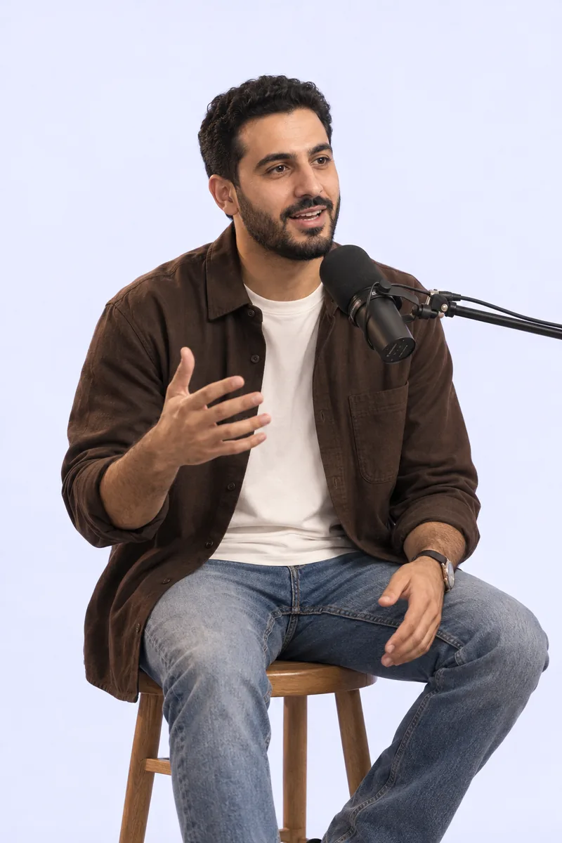 A creator recording a video podcast in a bright studio